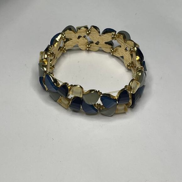 gold tone bracelet faux jewels in teals blue green costume jewelry - Picture 8 of 11